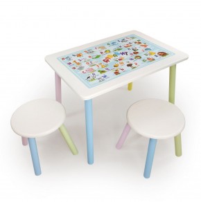 Детский комплект стол и два табурета круглых с накладкой Алфавит (Белый, Белый, Цветной) в Заречном - zarechnyy.mebel-74.com | фото